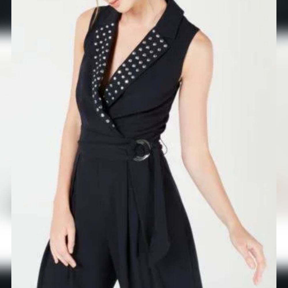 XOXO Womens Embellished Surplice Neck Jumpsuit Navy Size Large NWT - Picture 2 of 16